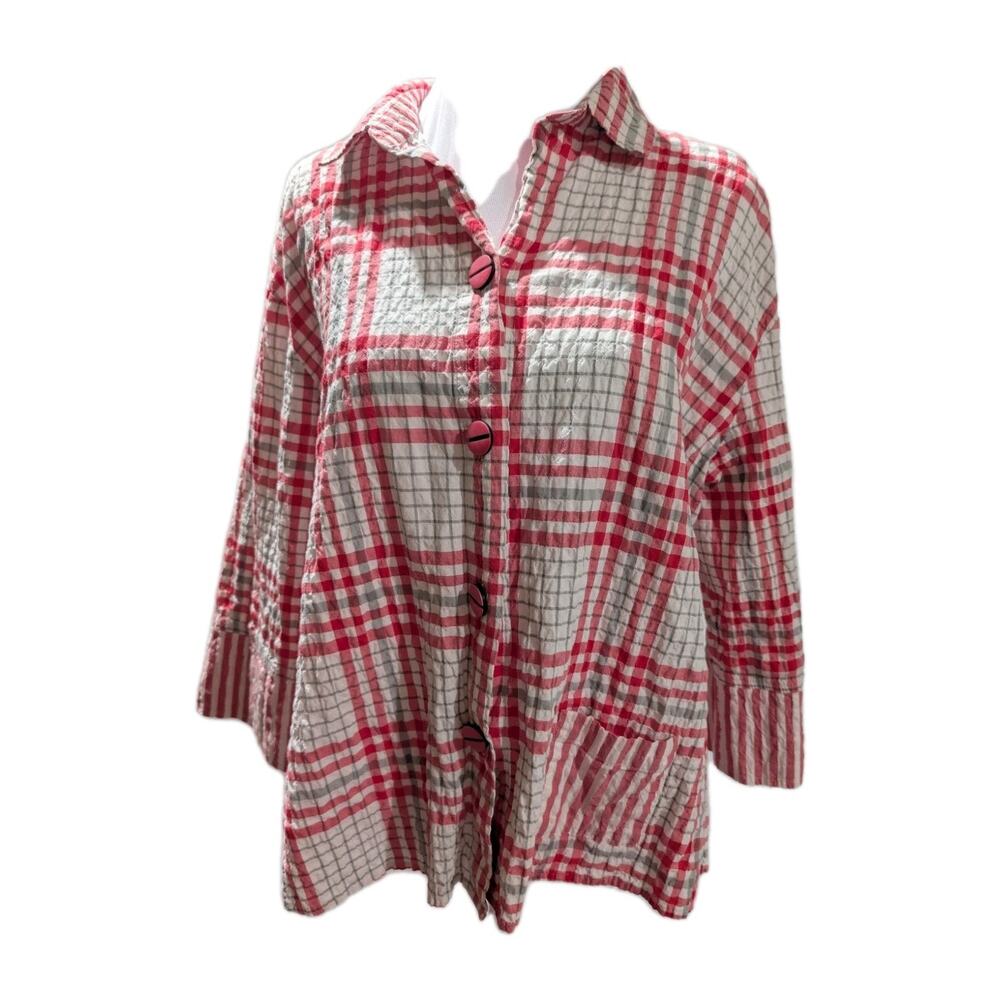 Habitat Linen Button Up Shirt Size small plaid Striped 3/4 Sleeve Casual Swing